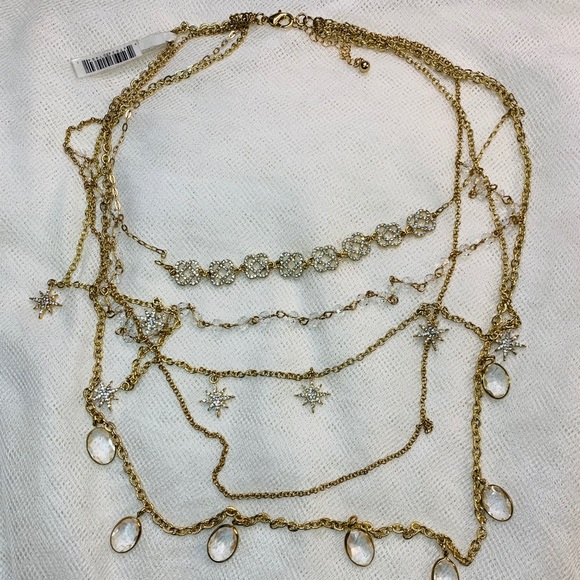 Saks 5th Gold 5 Chain Layered Pave Necklace NWT - Picture 2 of 12